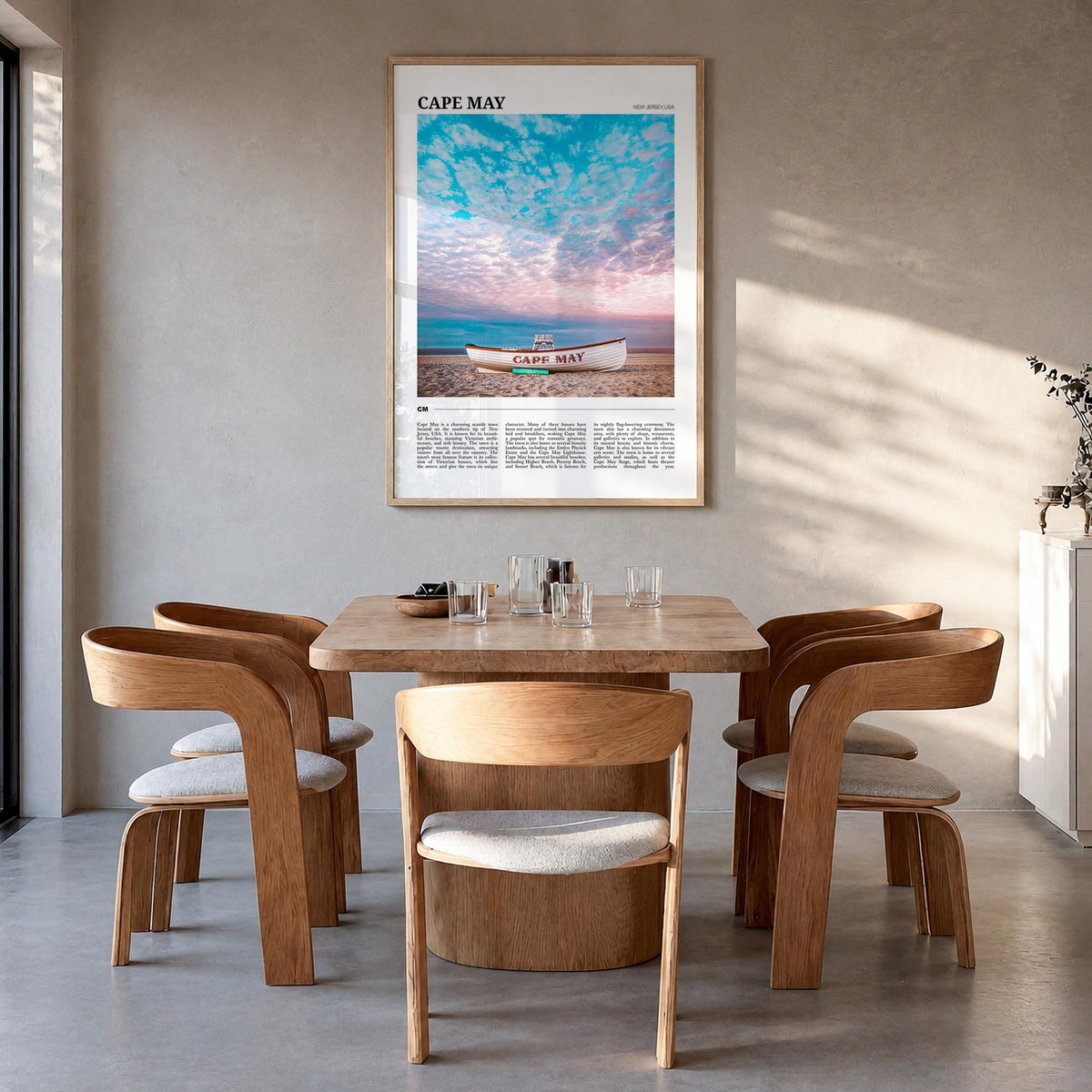 Cape May colorful travel poster of New Jersey, USA – vertical wall art in natural wood frame, hanging on wall