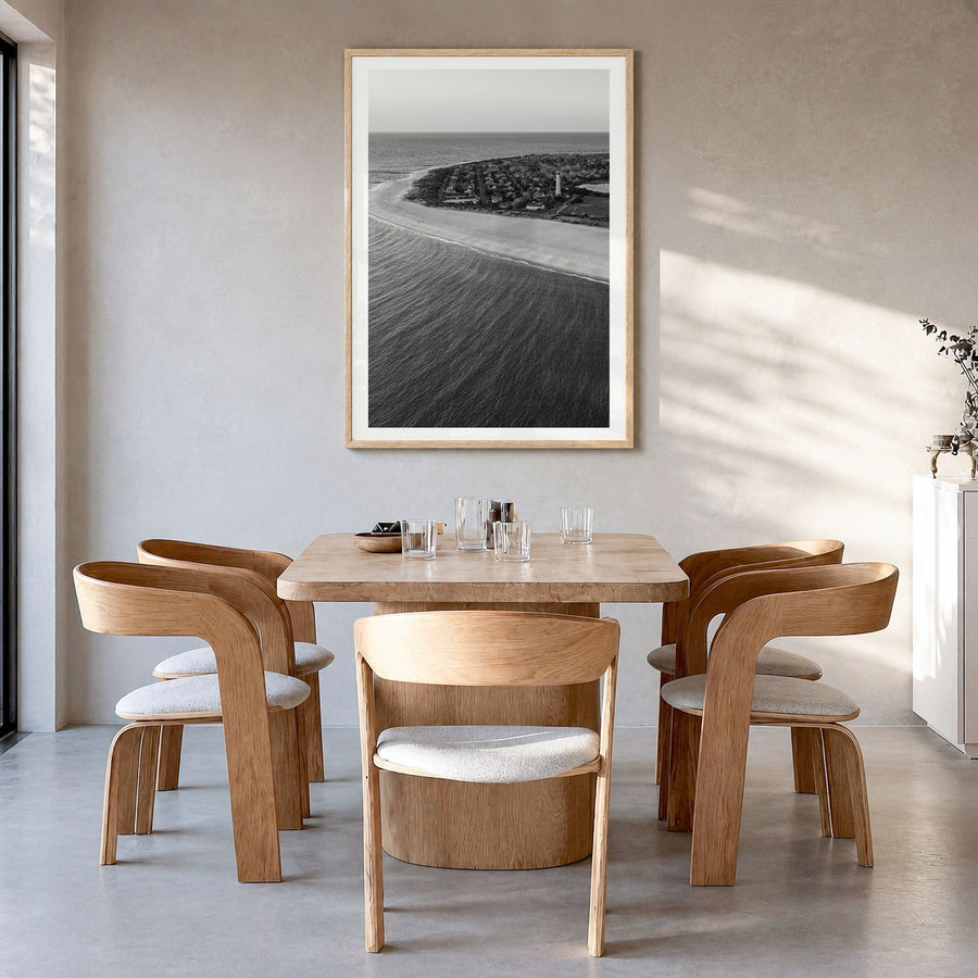 Cape May Photo Poster in a natural wood frame, hanging in a dining room, white border