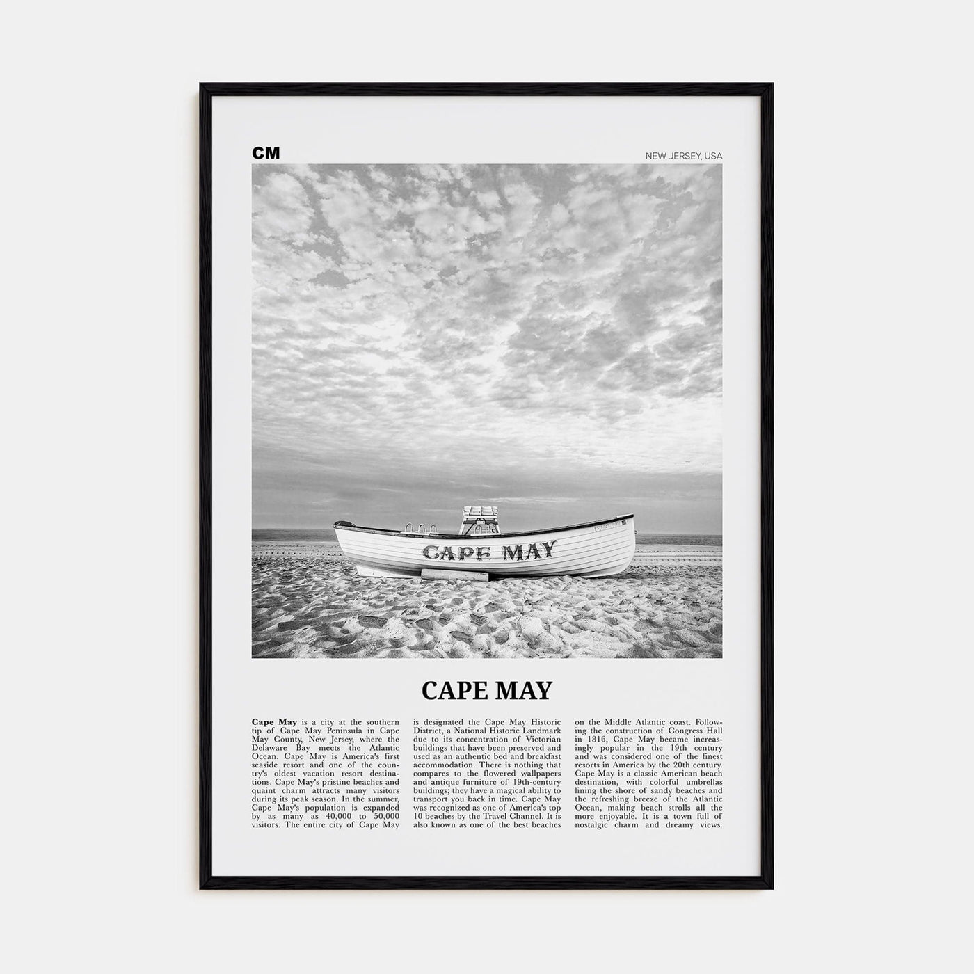 Cape May Poster Black Wood / 8x12 in Nbourhood Travel B&W Poster