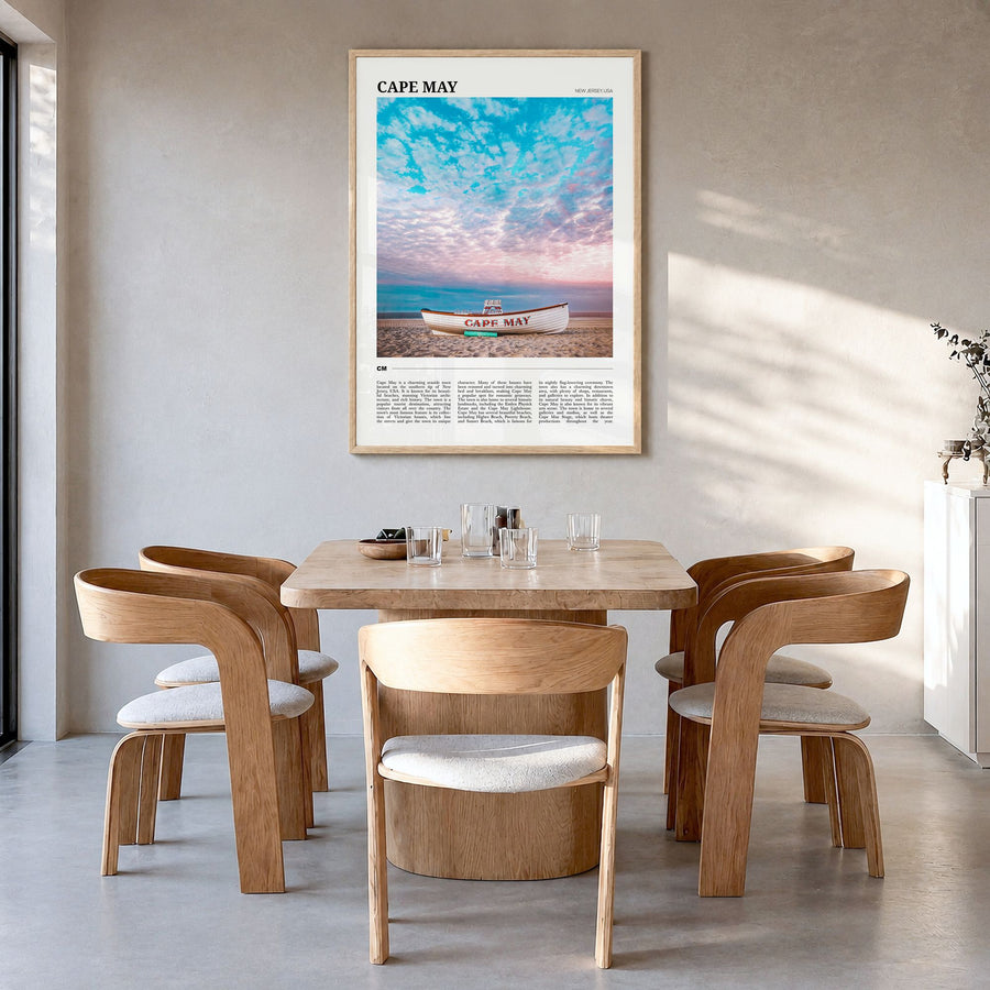 Cape May Travel Poster in a natural wood frame, hanging in a dining room