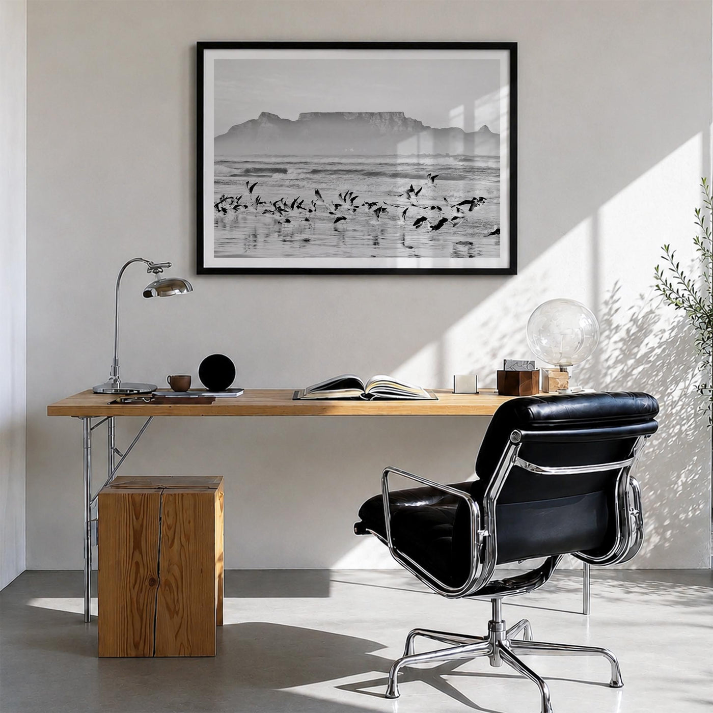 Cape Town black & white photo poster of South Africa – horizontal wall art in black wood frame with white border, hanging on 