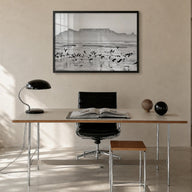 Cape Town black & white photo poster of South Africa – horizontal wall art in black wood frame, hanging on wall