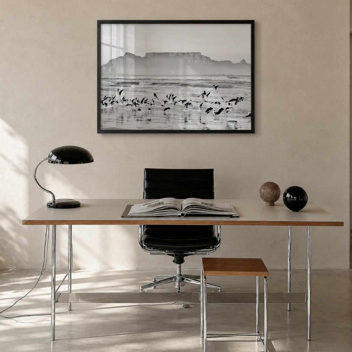 Cape Town black & white photo poster of South Africa – horizontal wall art in black wood frame, hanging on wall