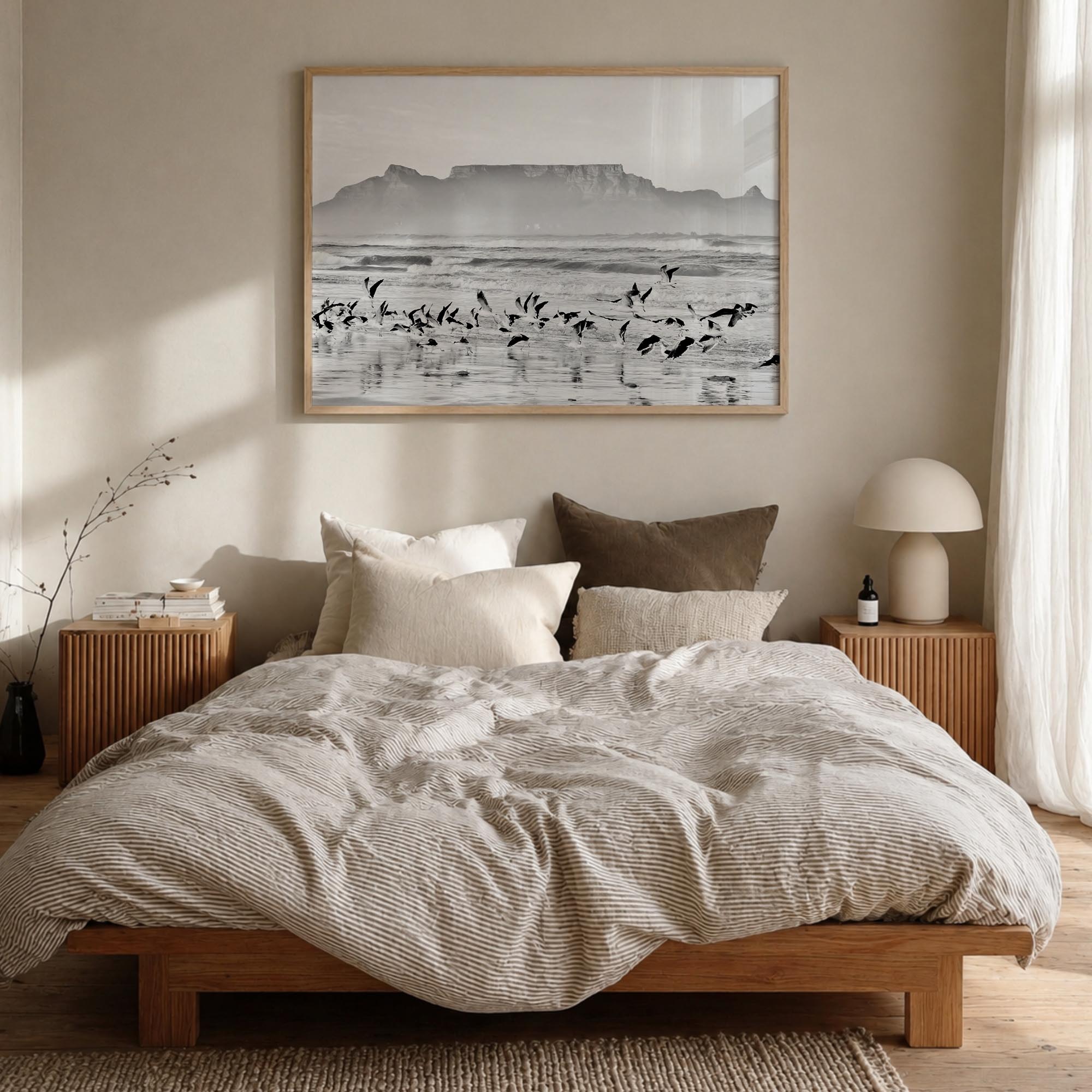 Cape Town black & white photo poster of South Africa – horizontal wall art in natural wood frame, hanging on wall