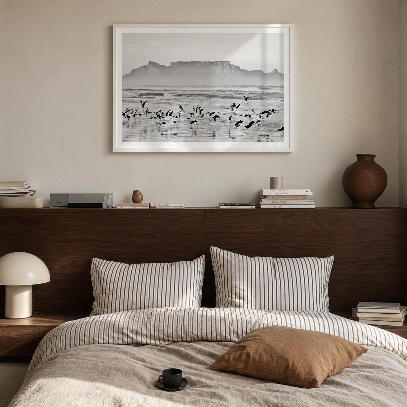 Cape Town black & white photo poster of South Africa – horizontal wall art in white wood frame with white border, hanging on 