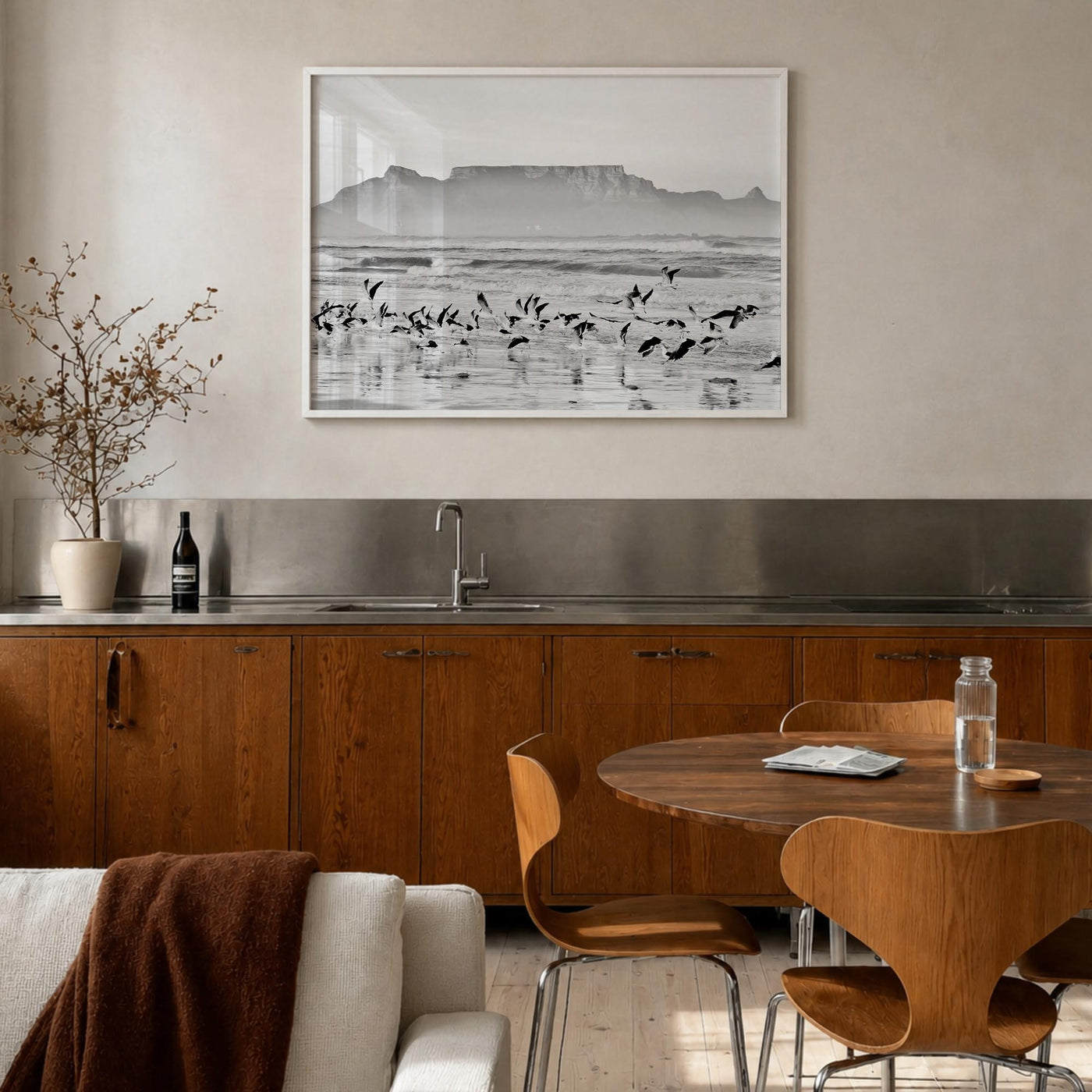 Cape Town black & white photo poster of South Africa – horizontal wall art in white wood frame, hanging on wall