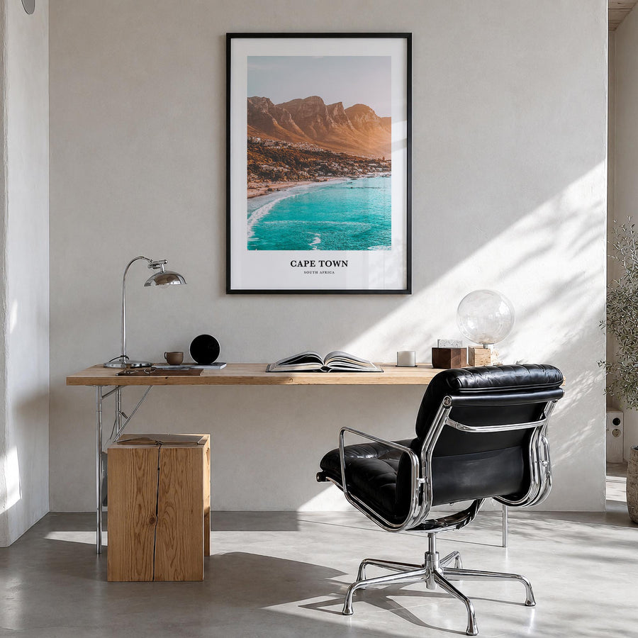 Cape Town colorful classic poster of South Africa – vertical wall art in black wood frame, hanging on wall