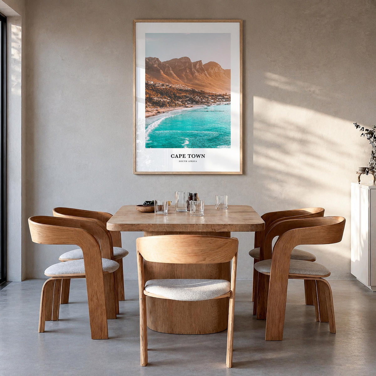 Cape Town colorful classic poster of South Africa – vertical wall art in natural wood frame, hanging on wall
