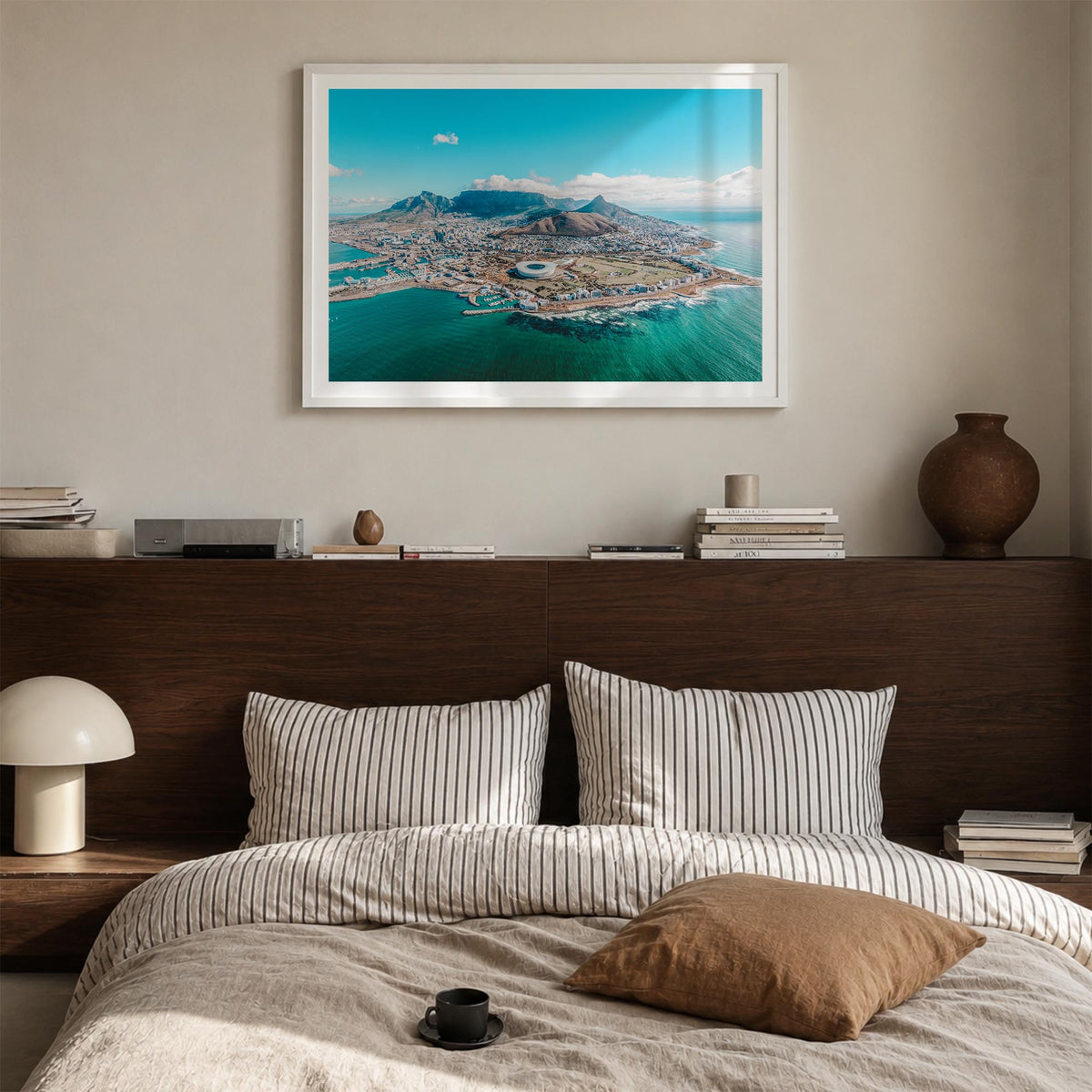 Cape Town colorful photo poster of South Africa – horizontal wall art in white wood frame with white border, hanging on wall