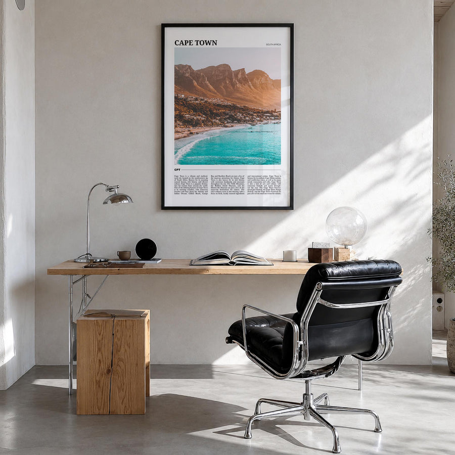 Cape Town colorful travel poster of South Africa – vertical wall art in black wood frame, hanging on wall