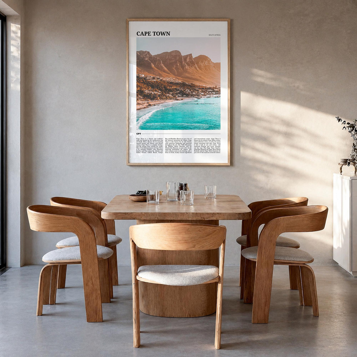 Cape Town colorful travel poster of South Africa – vertical wall art in natural wood frame, hanging on wall