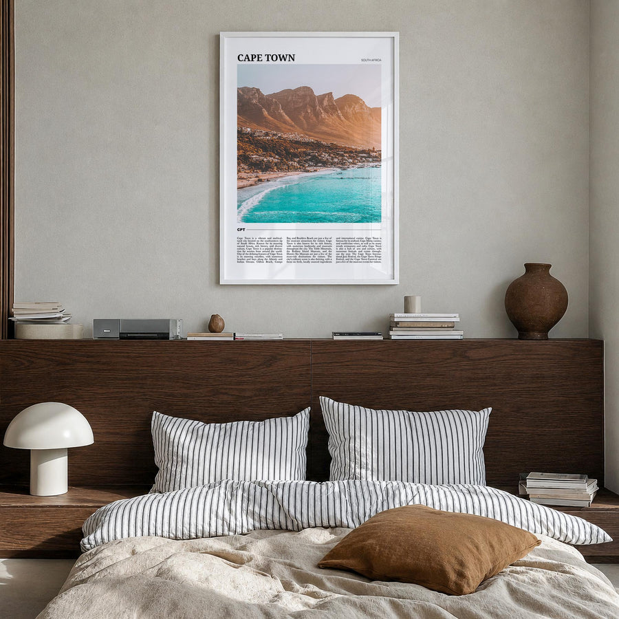 Cape Town colorful travel poster of South Africa – vertical wall art in white wood frame, hanging on wall