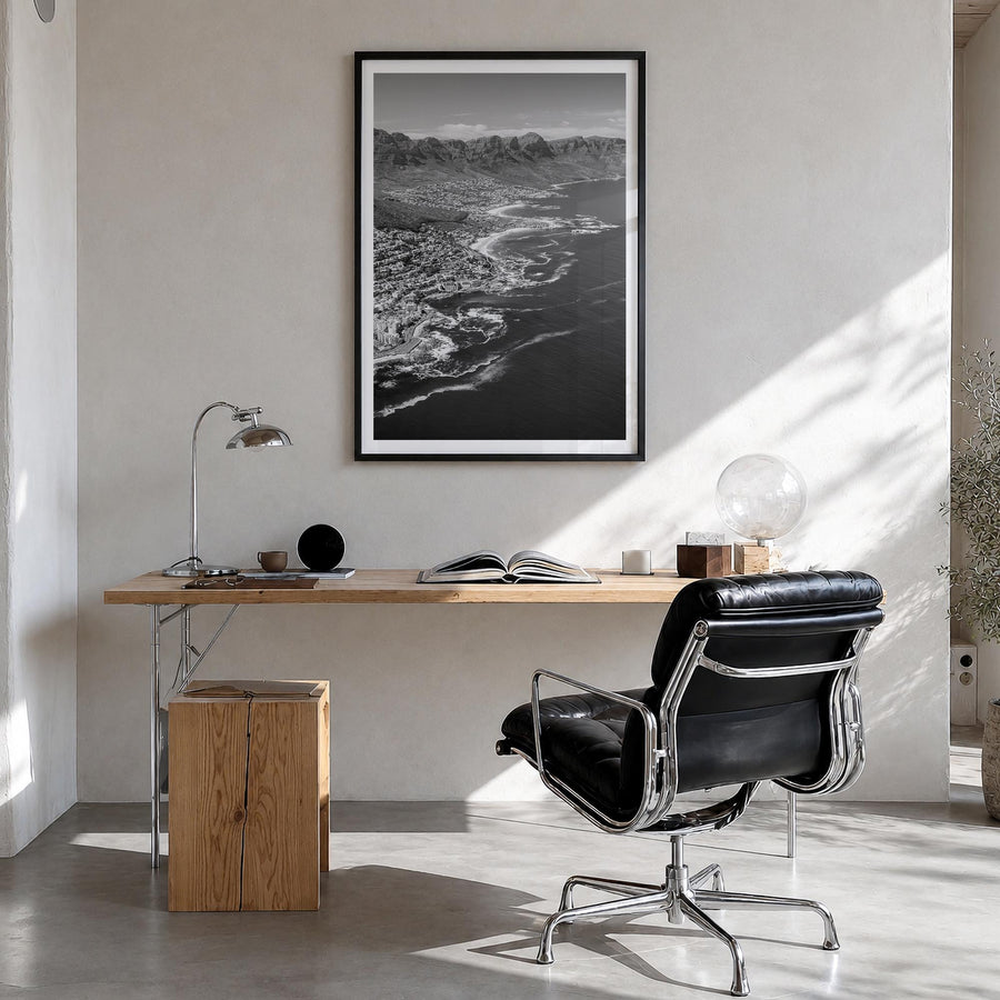 Cape Town no. 1 black & white photo poster of South Africa – vertical wall art in black wood frame with white border, hanging