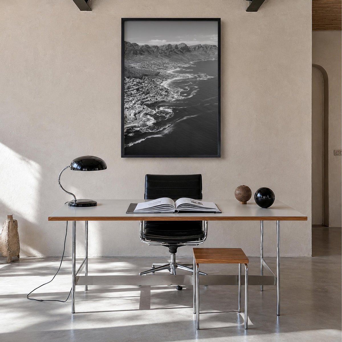 Cape Town no. 1 black & white photo poster of South Africa – vertical wall art in black wood frame, hanging on wall