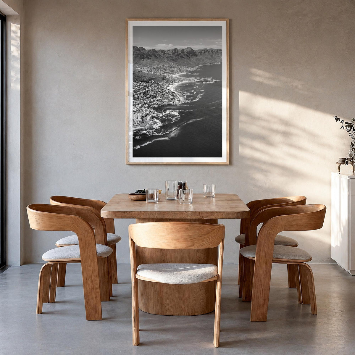 Cape Town no. 1 black & white photo poster of South Africa – vertical wall art in natural wood frame with white border, hangi