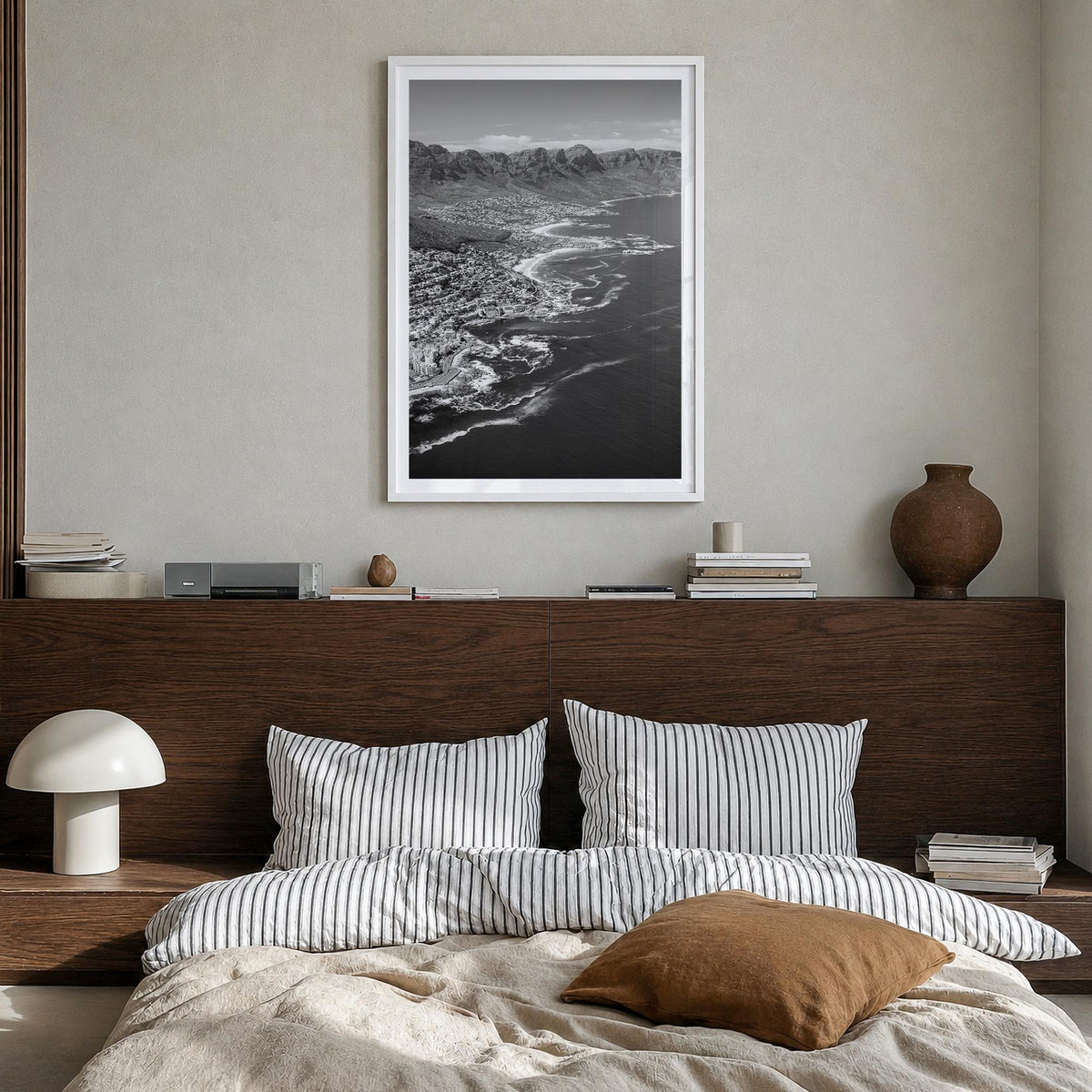 Cape Town no. 1 black & white photo poster of South Africa – vertical wall art in white wood frame with white border, hanging