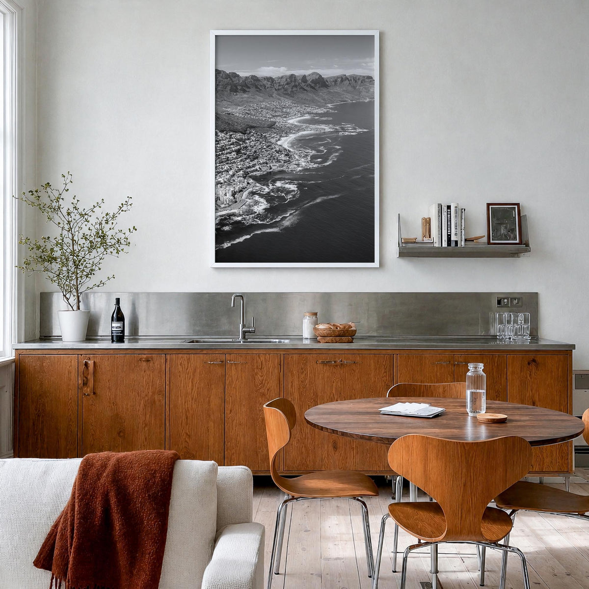 Cape Town no. 1 black & white photo poster of South Africa – vertical wall art in white wood frame, hanging on wall