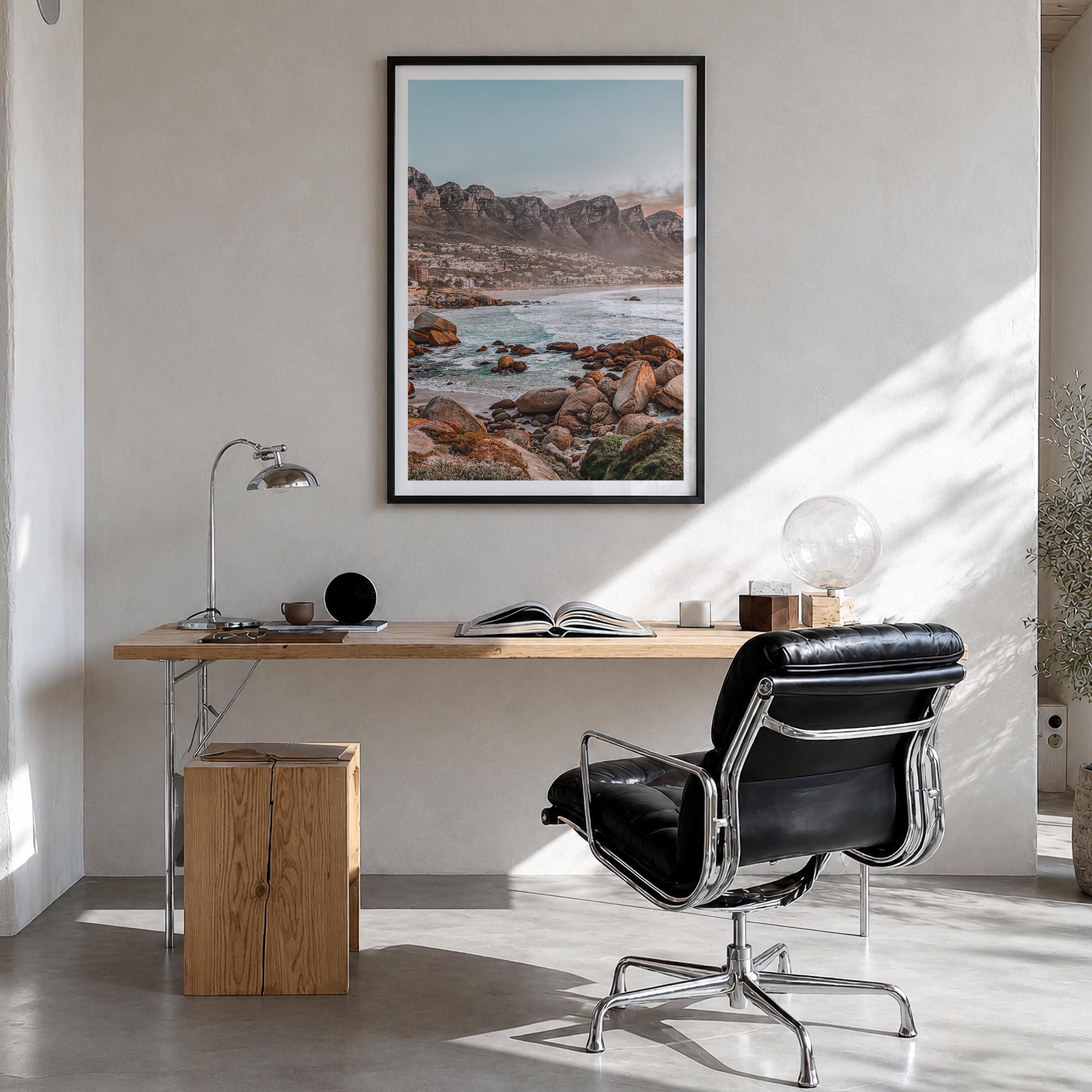 Cape Town no. 1 colorful photo poster of South Africa – vertical wall art in black wood frame with white border, hanging on w