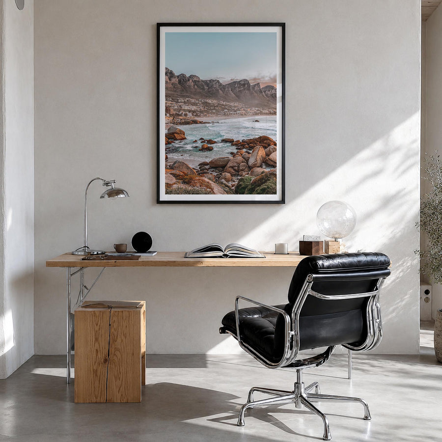 Cape Town no. 1 colorful photo poster of South Africa – vertical wall art in black wood frame with white border, hanging on w