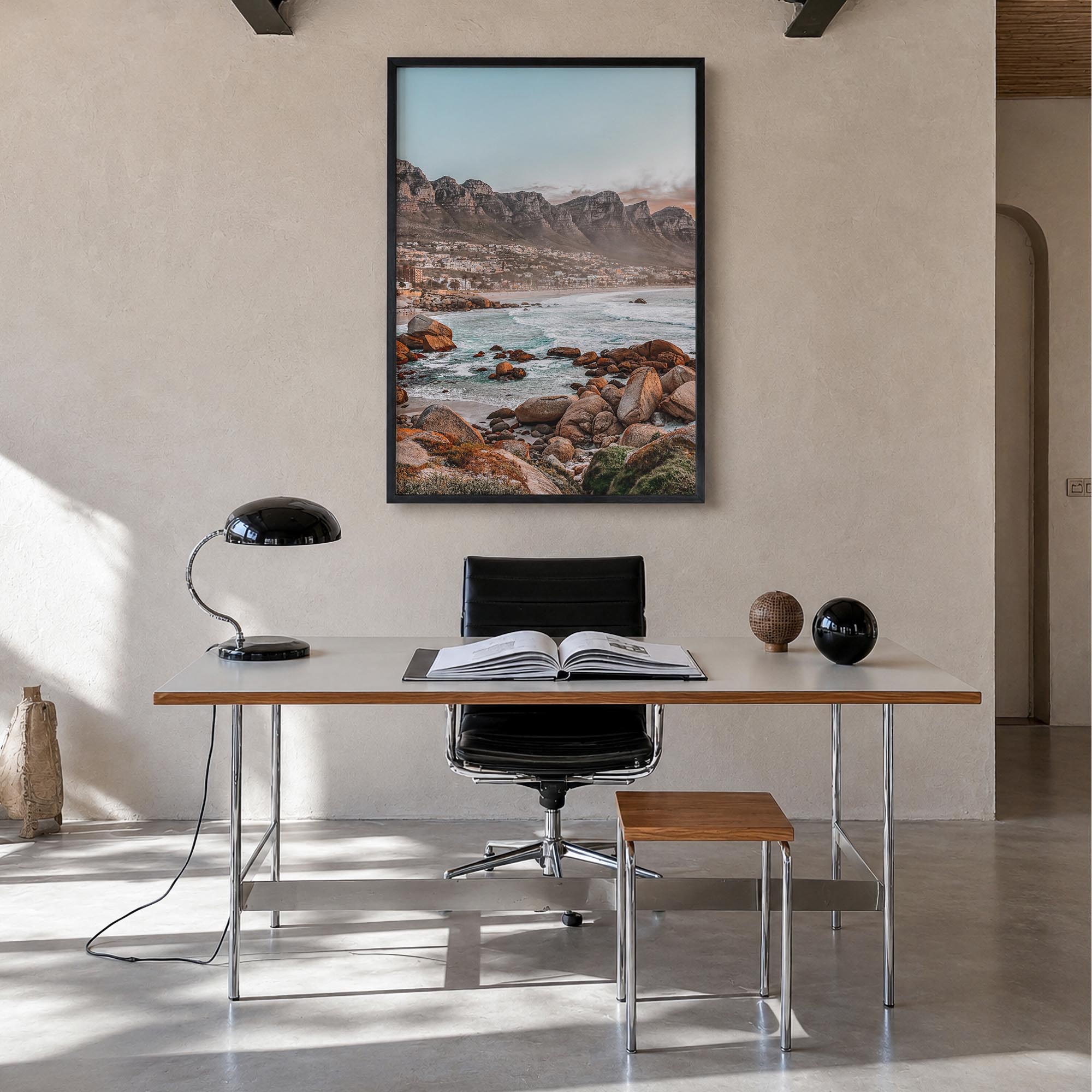 Cape Town no. 1 colorful photo poster of South Africa – vertical wall art in black wood frame, hanging on wall