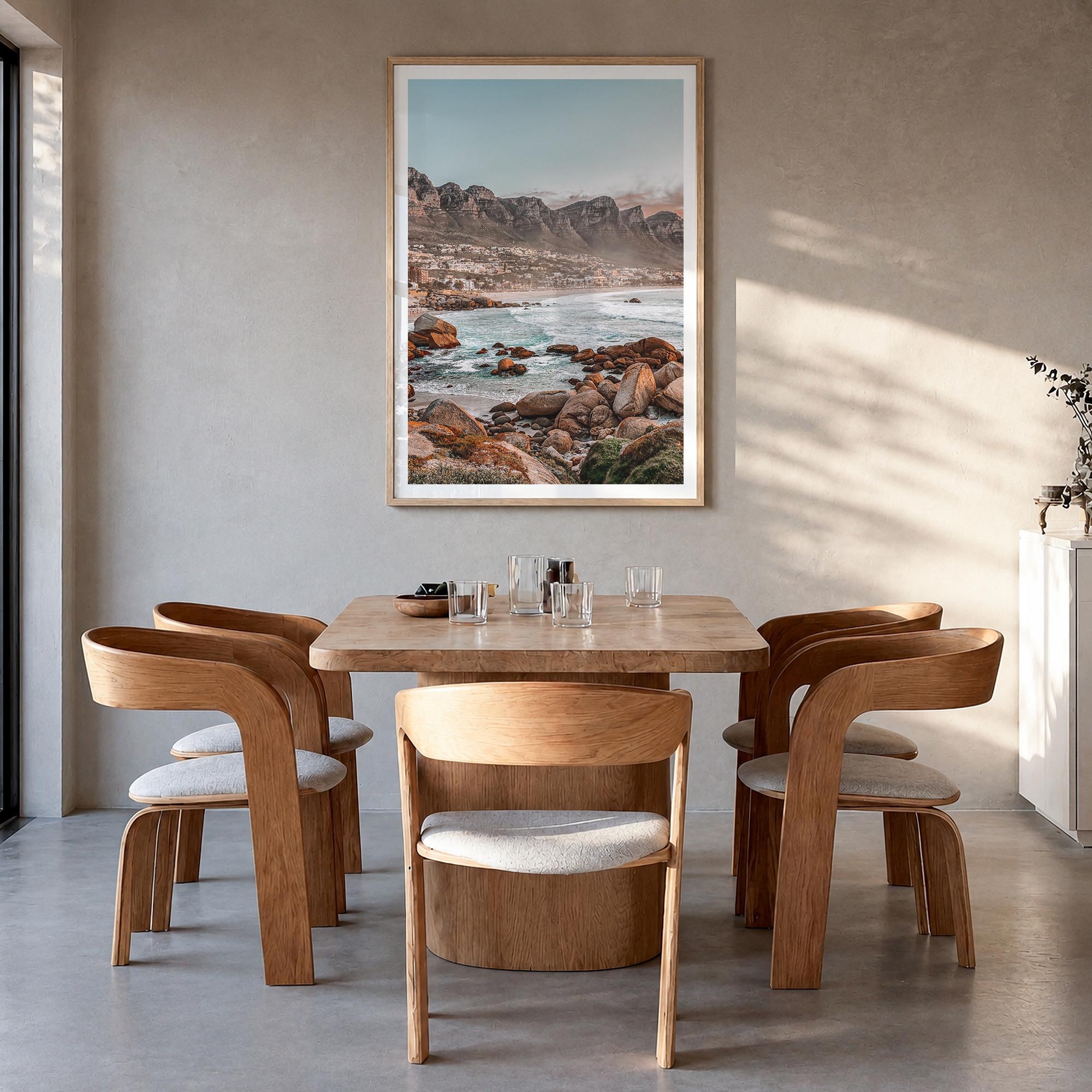 Cape Town no. 1 colorful photo poster of South Africa – vertical wall art in natural wood frame with white border, hanging on