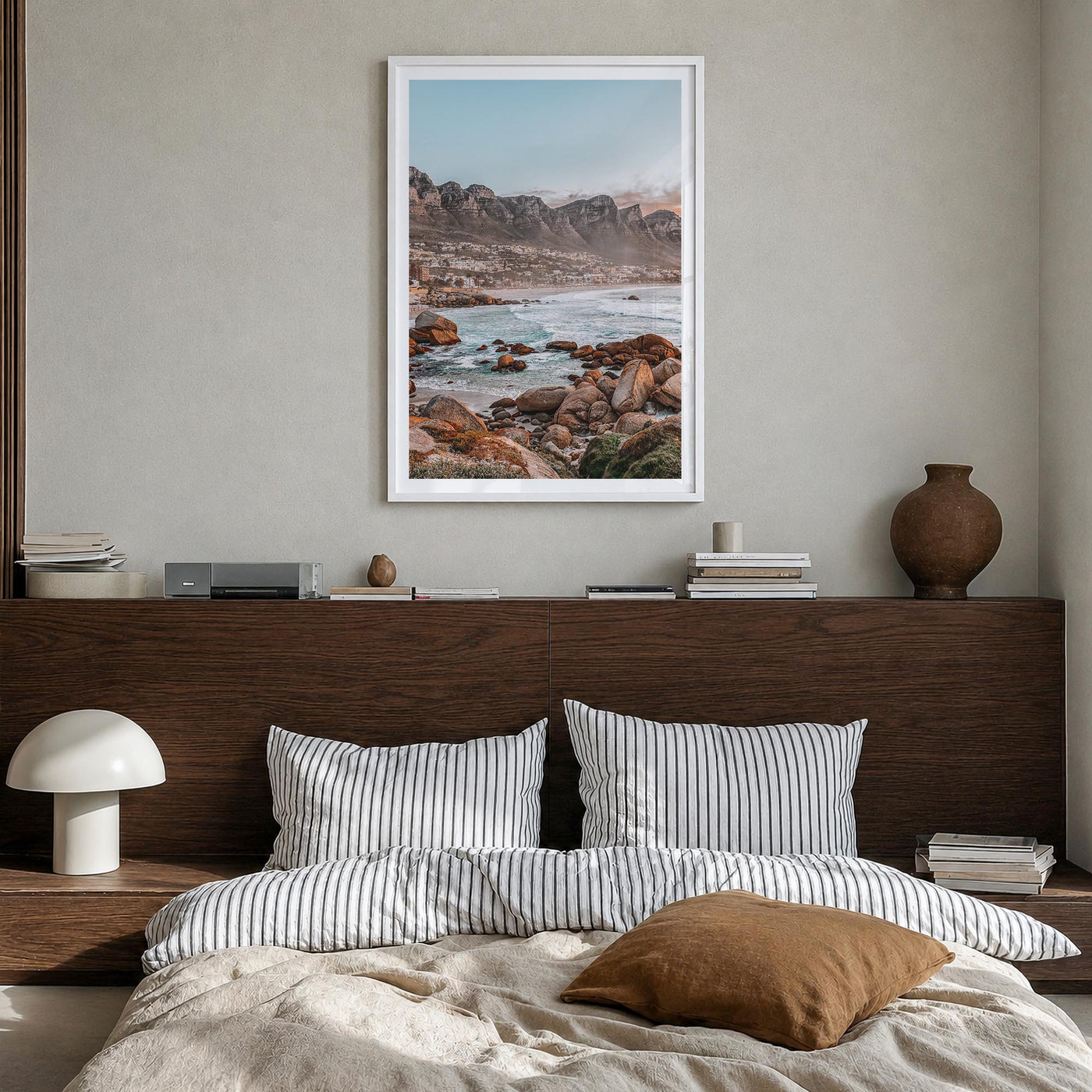 Cape Town no. 1 colorful photo poster of South Africa – vertical wall art in white wood frame with white border, hanging on w