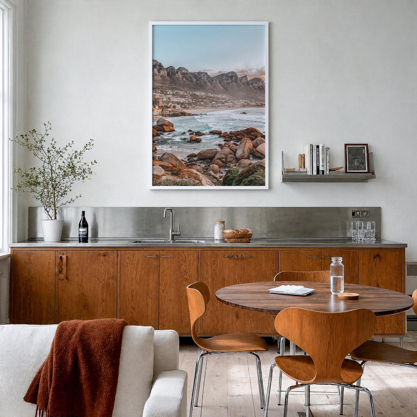 Cape Town no. 1 colorful photo poster of South Africa – vertical wall art in white wood frame, hanging on wall