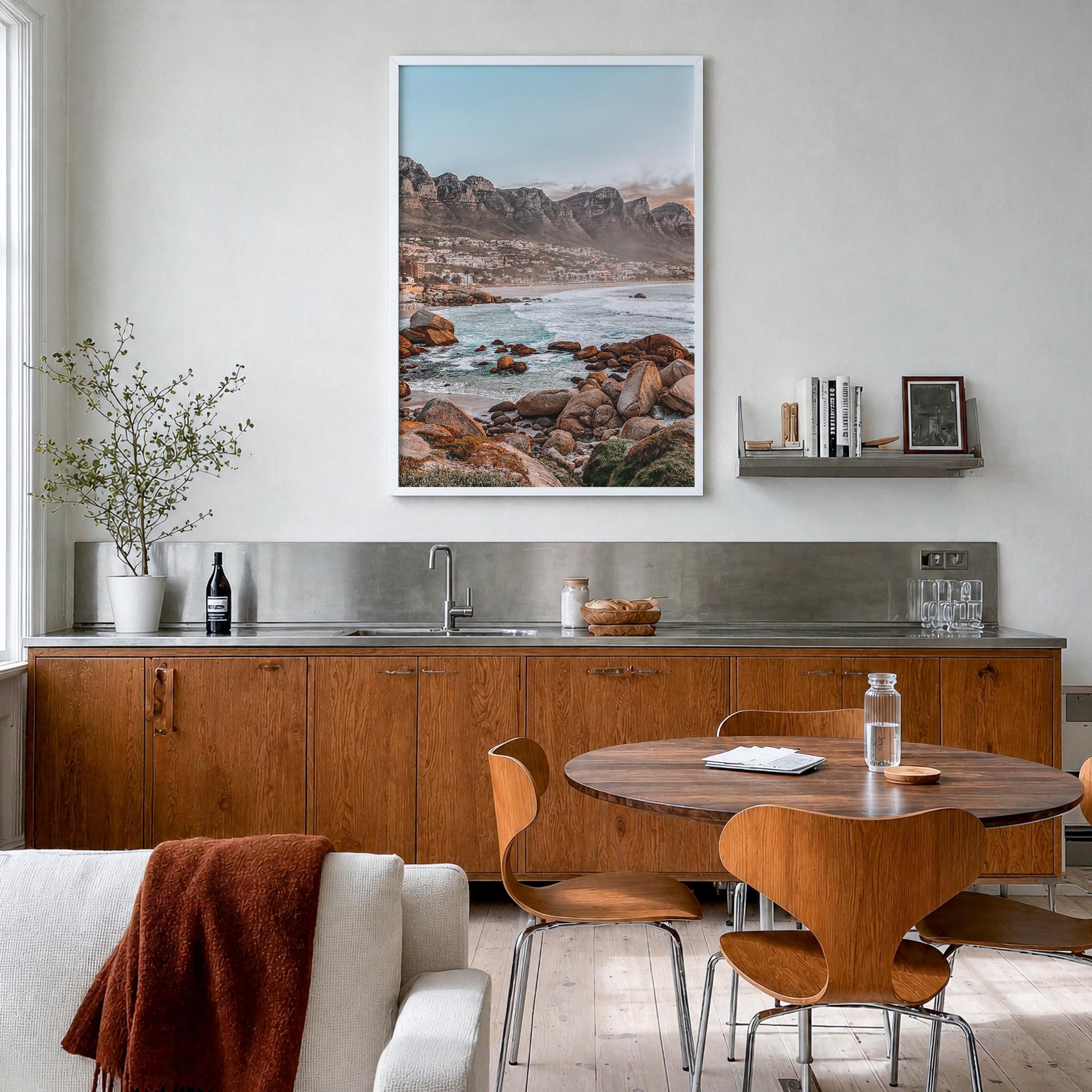 Cape Town no. 1 colorful photo poster of South Africa – vertical wall art in white wood frame, hanging on wall