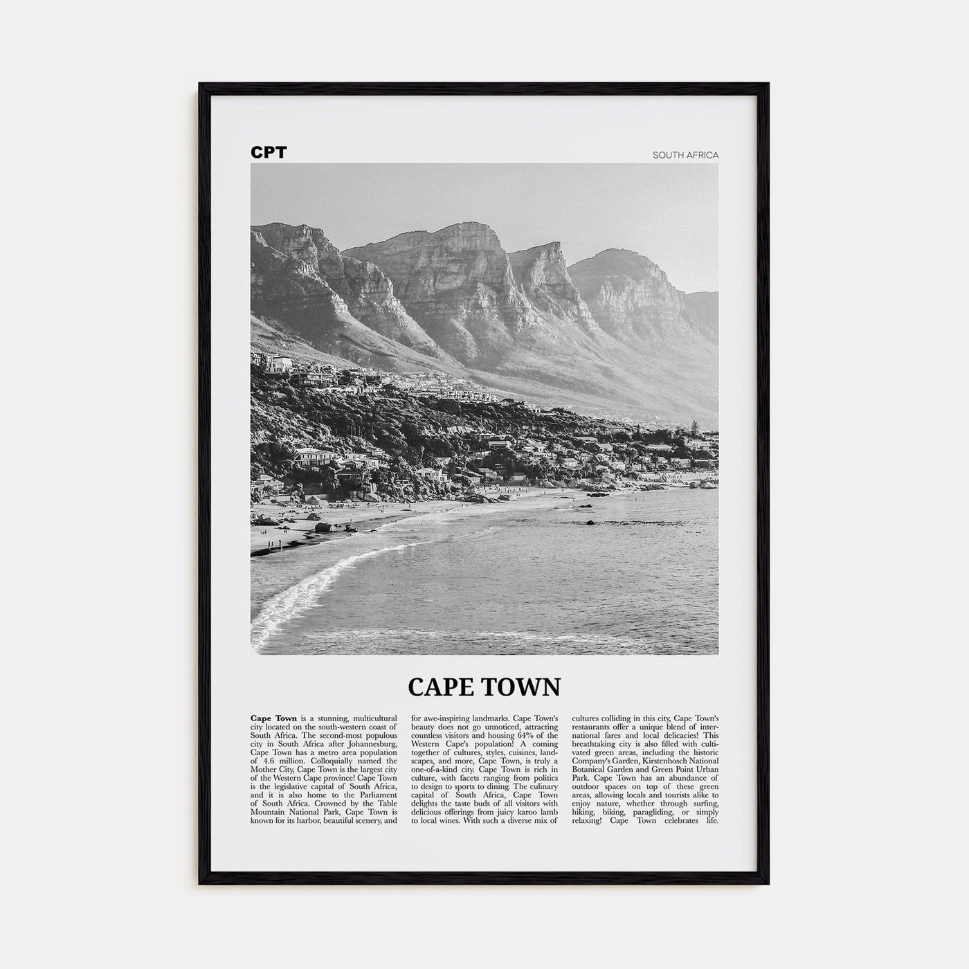 Cape Town No 1 Poster Black Wood / 8x12 in Nbourhood Travel B&W Poster