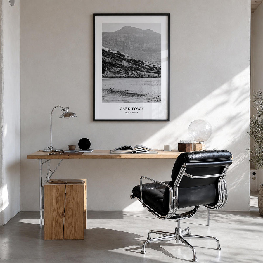 Cape Town no. 2 black & white classic poster of South Africa – vertical wall art in black wood frame, hanging on wall