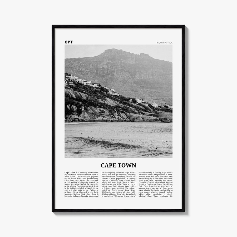 Cape Town no. 2 black & white newspaper poster of South Africa – vertical wall art, unframed print shown in interior mockup