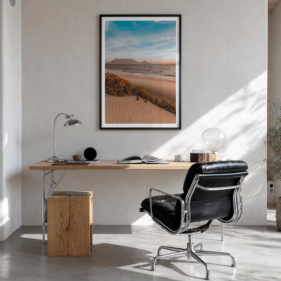 Cape Town no. 2 colorful photo poster of South Africa – vertical wall art in black wood frame with white border, hanging on w