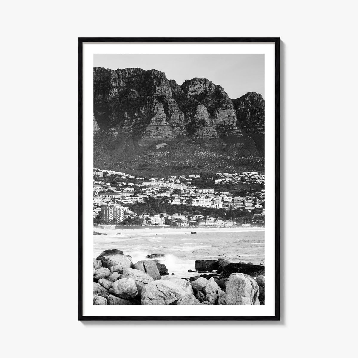 Cape Town no. 3 black & white photo poster of South Africa – vertical wall art, unframed print shown in interior mockup