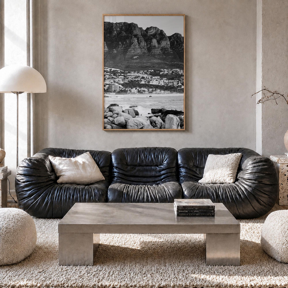 Cape Town no. 3 black & white photo poster of South Africa – vertical wall art in natural wood frame, hanging on wall