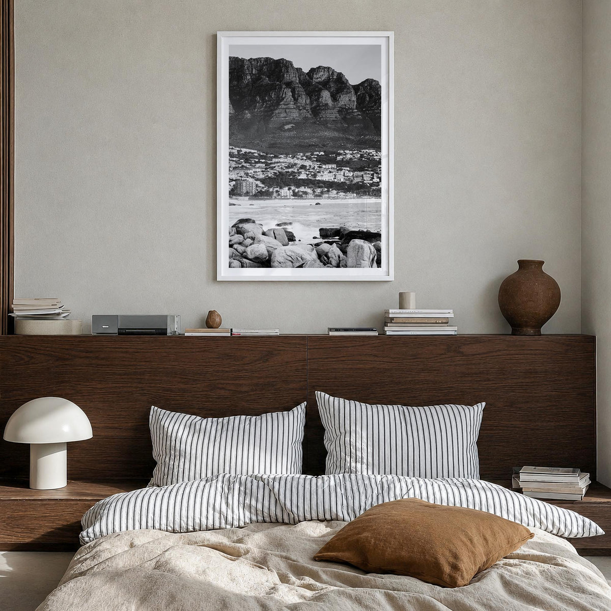 Cape Town no. 3 black & white photo poster of South Africa – vertical wall art in white wood frame with white border, hanging