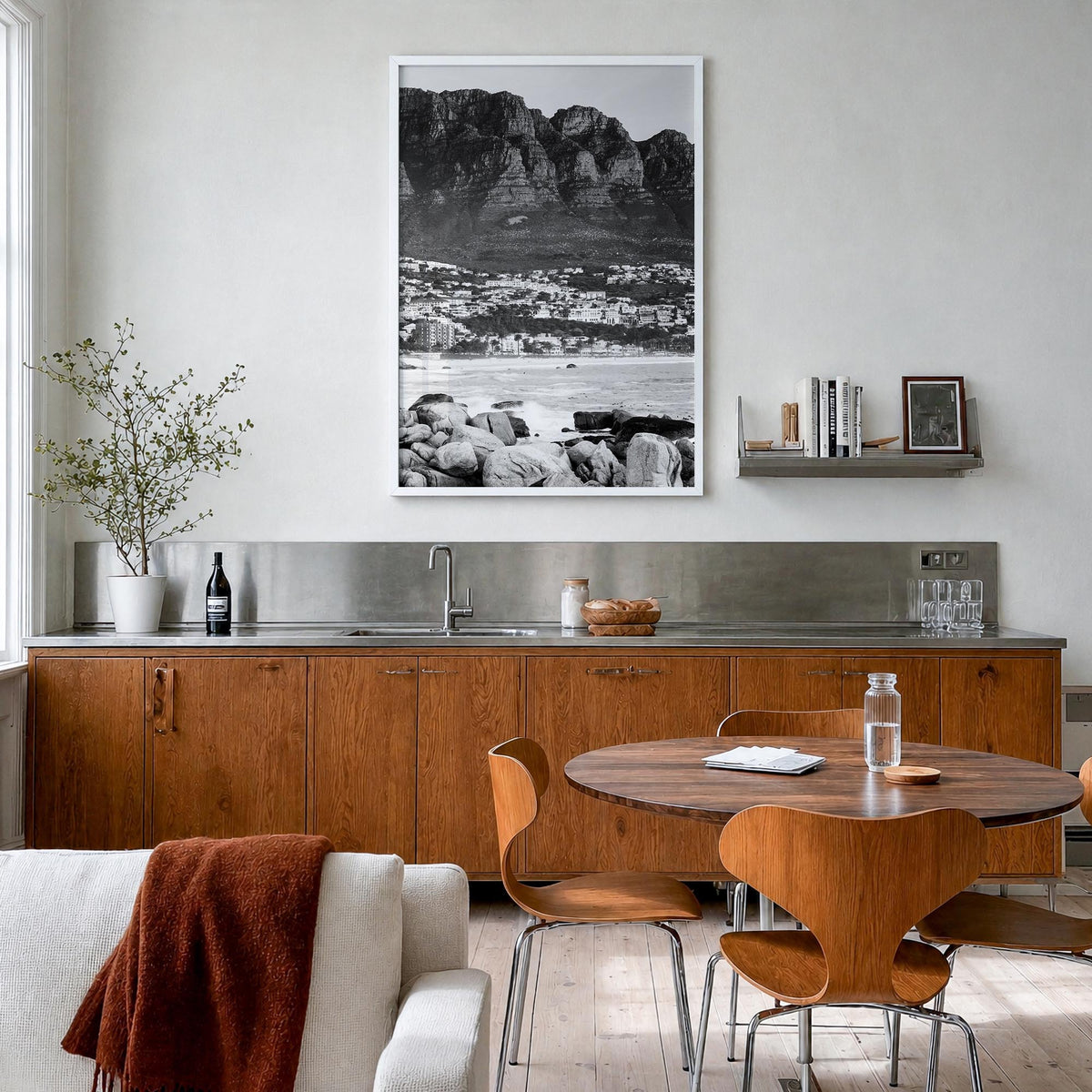 Cape Town no. 3 black & white photo poster of South Africa – vertical wall art in white wood frame, hanging on wall