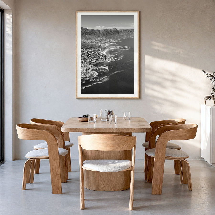 Cape Town Photo No 1 Poster in a natural wood frame, hanging in a dining room, white border