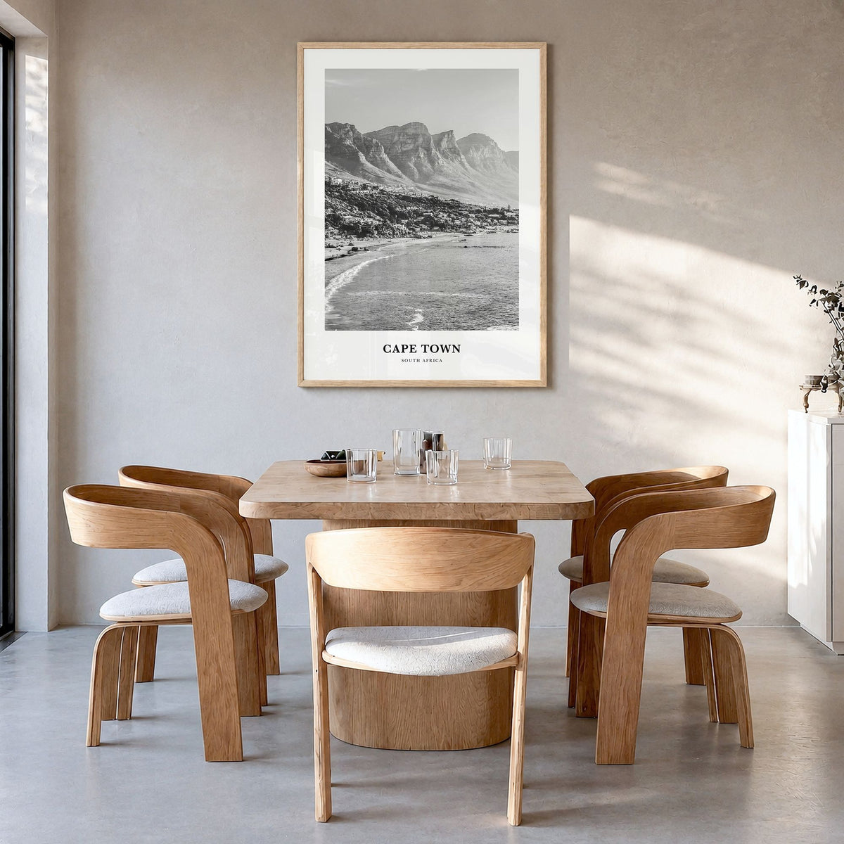 Cape Town Classic No 1 Poster in a natural wood frame, hanging in a dining room