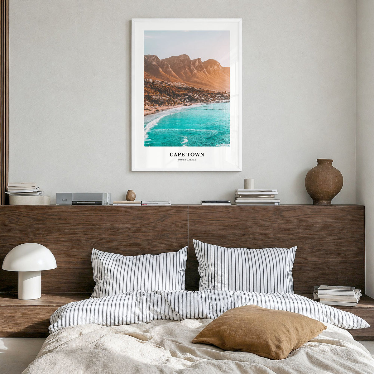 Cape Town Classic Poster in a white wood frame, hanging in a bedroom