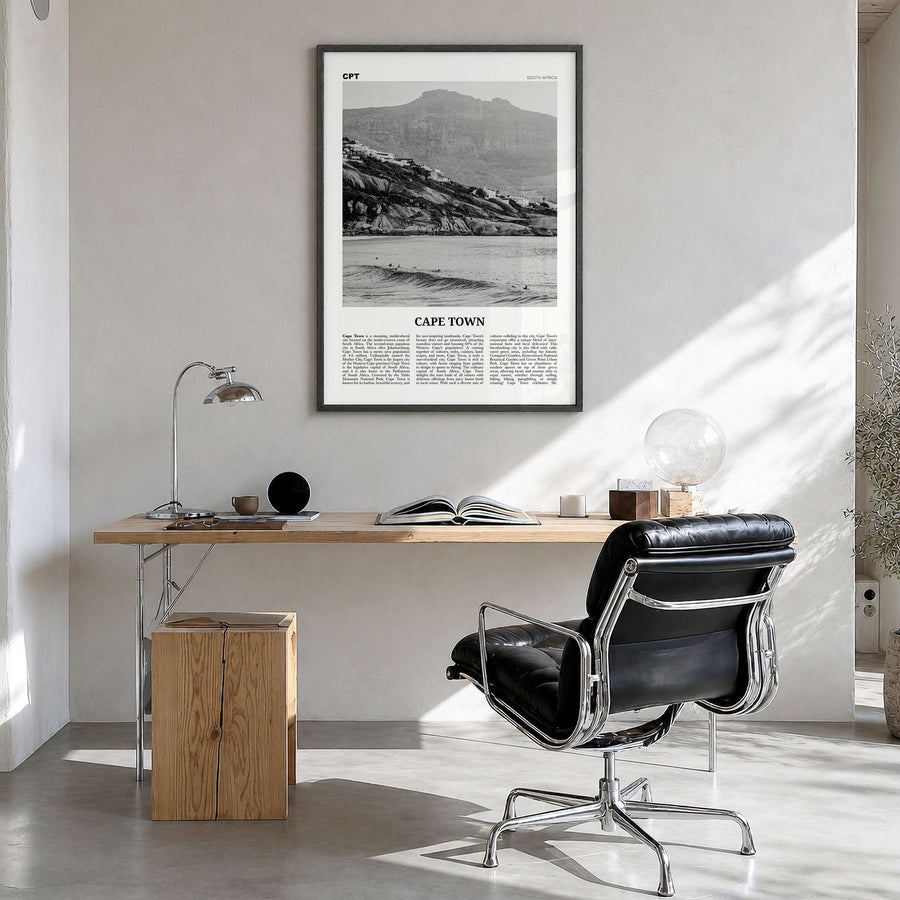 Cape Town Newspaper No 2 Poster in a black wood frame, hanging in a bright home office