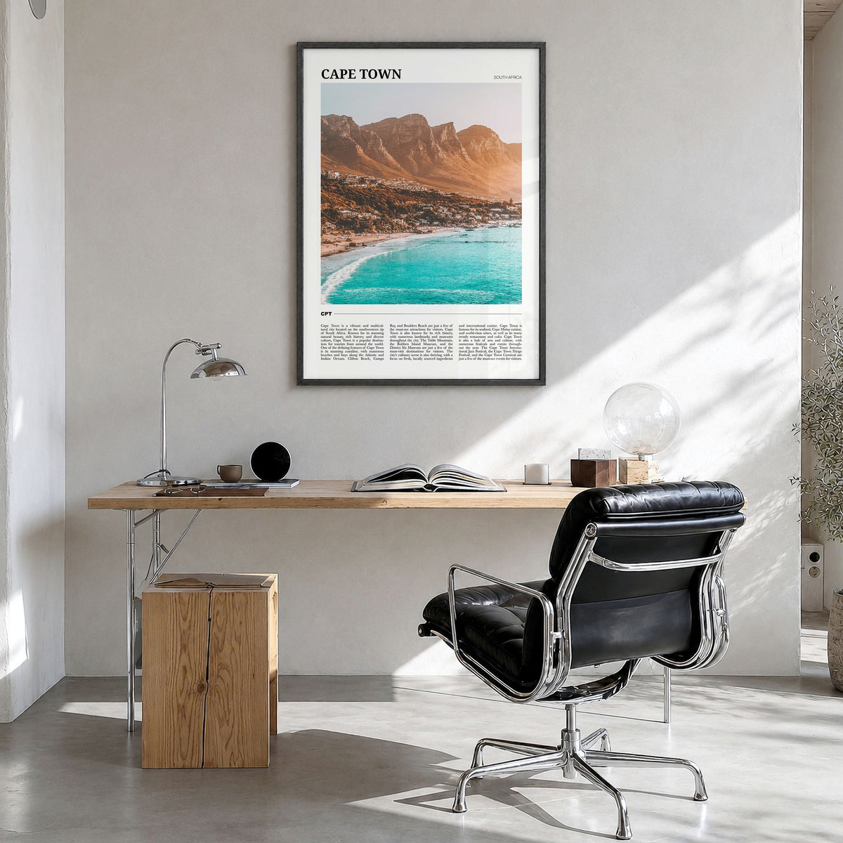 Cape Town Travel Poster in a black wood frame, hanging in a bright home office
