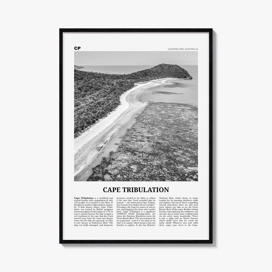 Cape Tribulation black & white newspaper poster of Australia – vertical wall art, unframed print shown in interior mockup