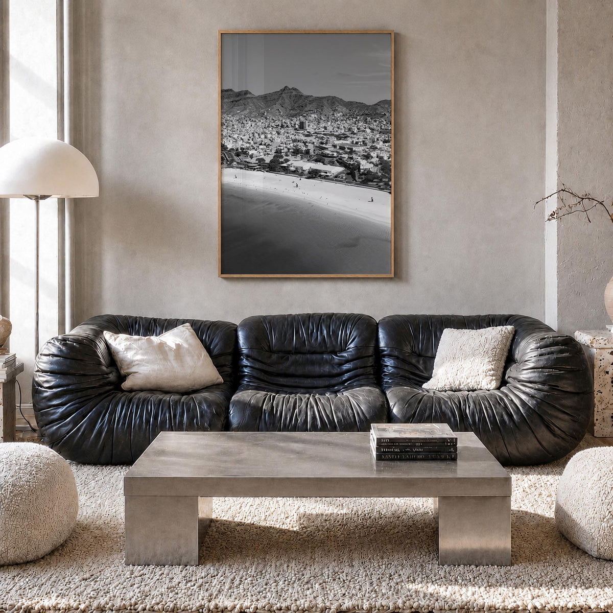Cape Verde black & white photo poster of Cabo Verde – vertical wall art in natural wood frame, hanging on wall