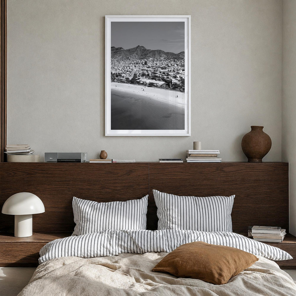 Cape Verde black & white photo poster of Cabo Verde – vertical wall art in white wood frame with white border, hanging on wal