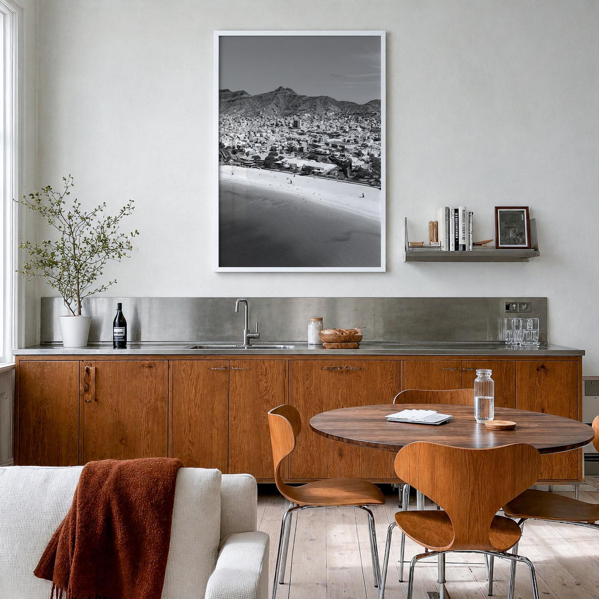 Cape Verde black & white photo poster of Cabo Verde – vertical wall art in white wood frame, hanging on wall