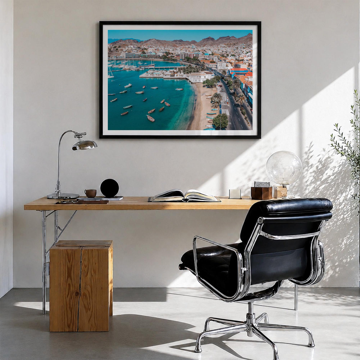 Cape Verde colorful photo poster of Cabo Verde – horizontal wall art in black wood frame with white border, hanging on wall
