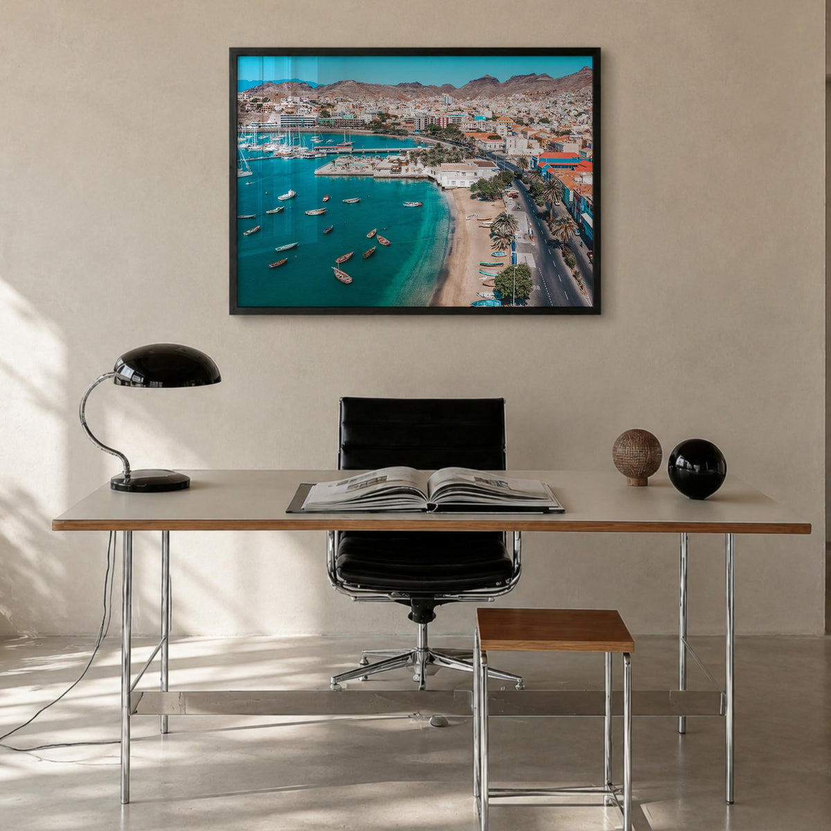 Cape Verde colorful photo poster of Cabo Verde – horizontal wall art in black wood frame, hanging on wall