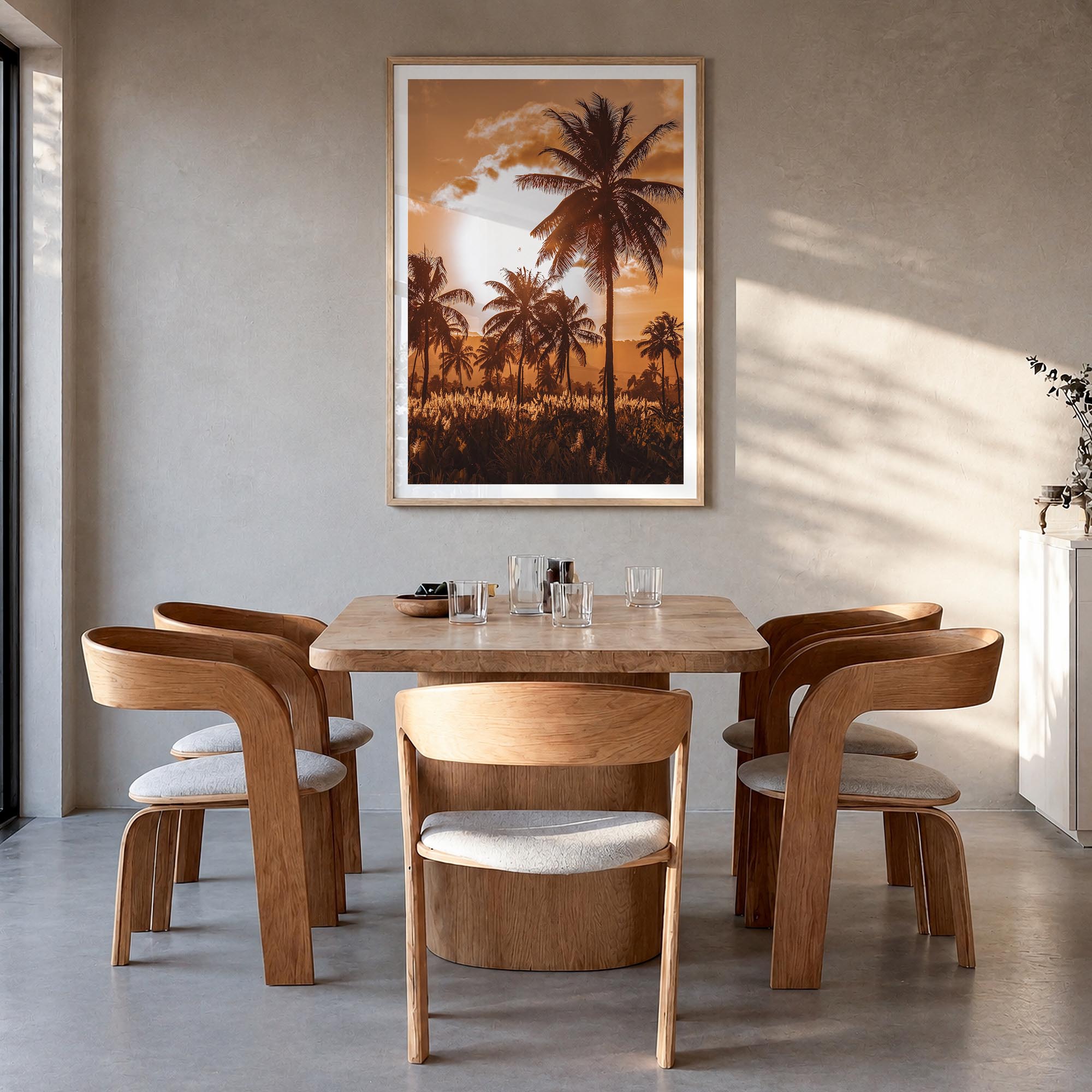 Cape Verde colorful photo poster of Cabo Verde – vertical wall art in natural wood frame with white border, hanging on wall