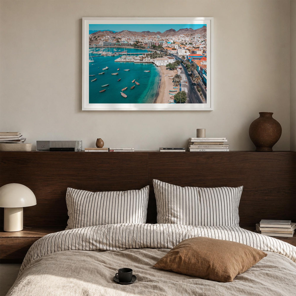 Cape Verde colorful photo poster of Cabo Verde – horizontal wall art in white wood frame with white border, hanging on wall