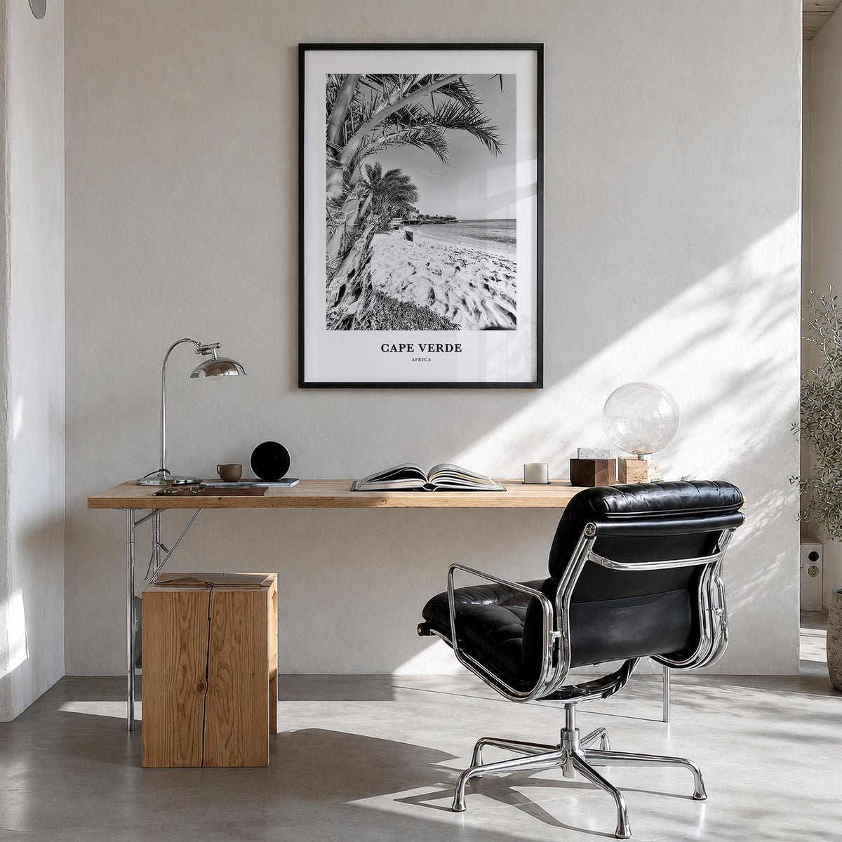 Cape Verde no. 1 black & white classic poster of Cabo Verde – vertical wall art in black wood frame, hanging on wall